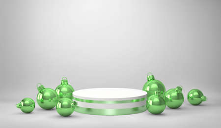 Podium, product stand with green christmas balls on gray background. 3D renderingの写真素材