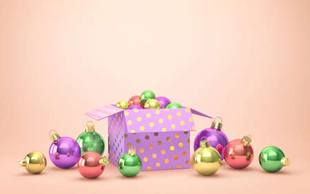 Gift box with christmas balls on beige background. 3D renderingの写真素材