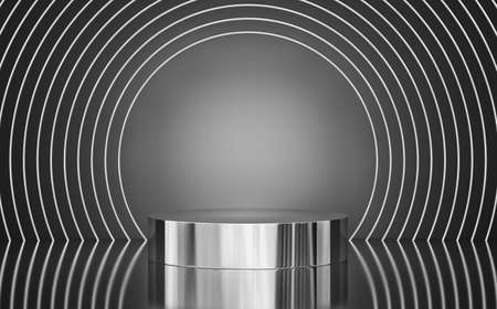 Silver podium, product stand with silver circles. Abstract background for product presentation. 3D renderingの写真素材