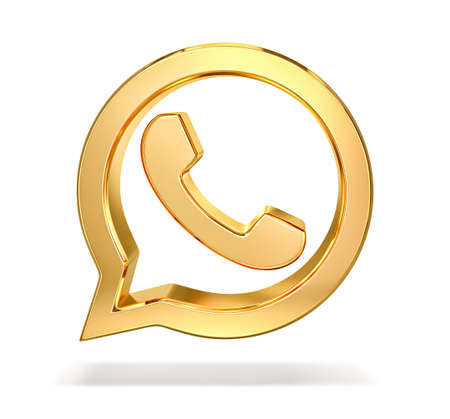 Golden speech bubble with phone icon isolated on white. 3D renderingの写真素材