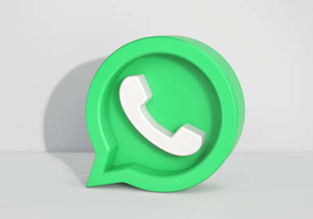 Social media notification icon, green speech bubble with phone icon on gray background. 3D renderingの写真素材