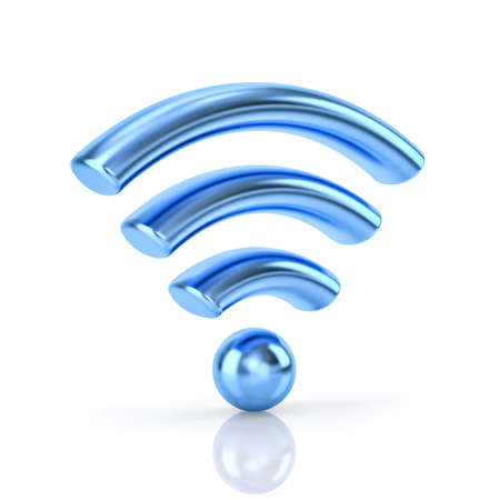 Blue metal WiFi wireless symbol with reflection isolated on white. 3D rendering with clipping pathの写真素材