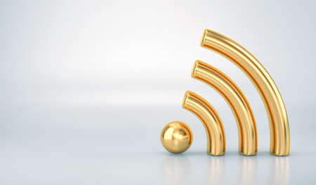 Golden WiFi wireless symbol with reflection on ligth gray background. 3D renderingの写真素材