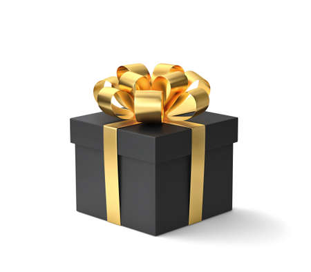 Black gift box with golden ribbon isolated on white.の写真素材