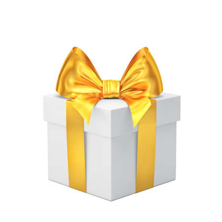 White gift box with golden ribbon and bow isolated on white. 3D renderingの写真素材