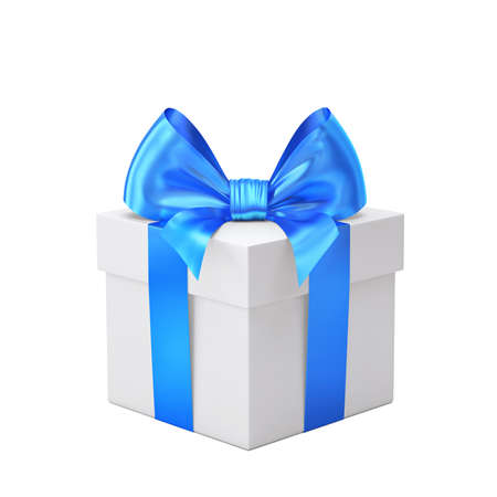 White gift box with blue ribbon and bow isolated on white. 3D renderingの写真素材