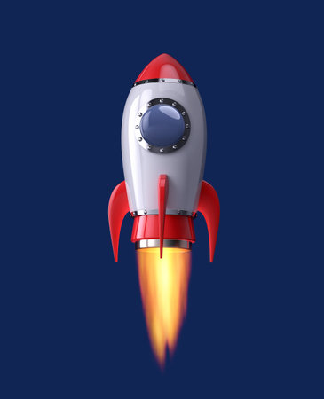 Rocket launch. Cartoon spacecraft with flame isolated on blue background. 3D rendering with clipping pathの写真素材