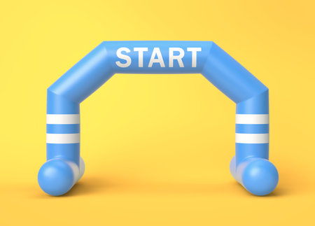Blue and white inflatable start line arch on yellow background. 3D renderingの写真素材