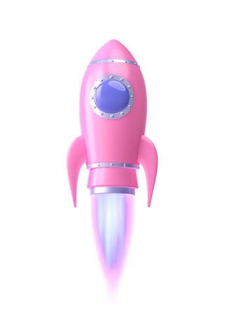 Rocket launch. Cartoon pink spacecraft with flame isolated on white. 3D rendering with clipping pathの写真素材