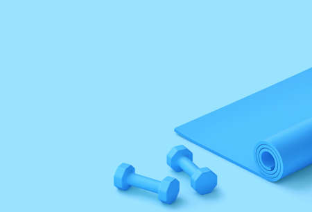 Blue fitness mat and dumbbells. Blue fitness background. 3D renderingの写真素材