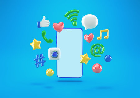 Smartphone with application icons on blue background. Social communication applications concept. 3D renderingの写真素材