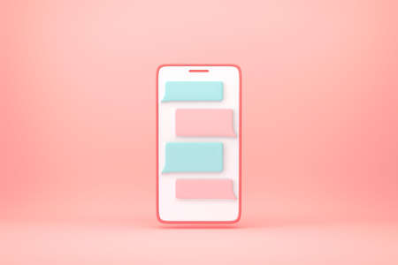 Smartphone with messenger window on pink background. Chatting and messaging concept. 3D renderingの写真素材