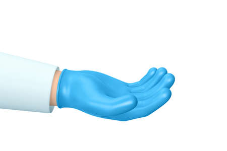Cartoon hand wearing medical glove giving, holding something. 3D rendering