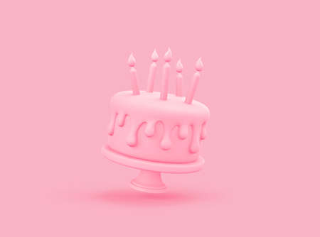 Pink birthday cake with candles isolated on pastel pink background. 3D rendering with clipping pathの写真素材