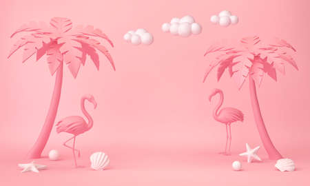 Pink tropical background with palms, flamingo and seashells. Summer vacation concept. 3D renderingの写真素材