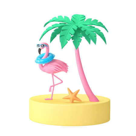 Tropical island with palm tree and funny pink flamingo isolated on white. 3D rendering with clipping pathの写真素材