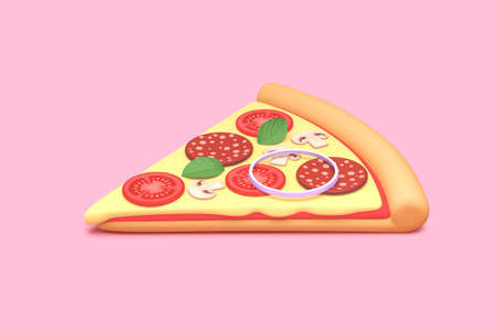 Delicious pizza slice with pepperoni, cheese, tomatoes and mushrooms  isolated on pink background. 3D rendering with clipping pathの写真素材