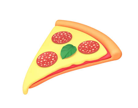 Cartoon pizza slice with cheese, pepperoni and basil isolated on white. 3D rendering with clipping pathの写真素材