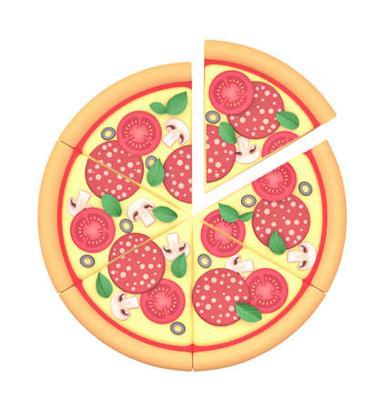 Pizza pieces. Sliced pizza with pepperoni, cheese, tomatoes, mushrooms, olives and basil isolated on white. Top view. 3D rendering with clipping pathの写真素材