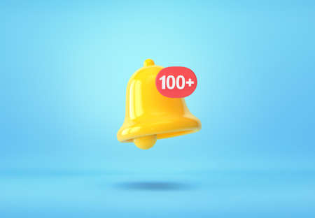 Yellow notification bell with one hundred new notification on blue background. 3D renderingの写真素材