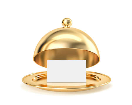 Golden cloche and tray with blank paper template isolated on white. 3D rendering with clipping pathの写真素材