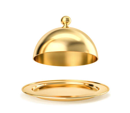 Golden tray and cloche isolated on white. 3D rendering with clipping pathの写真素材