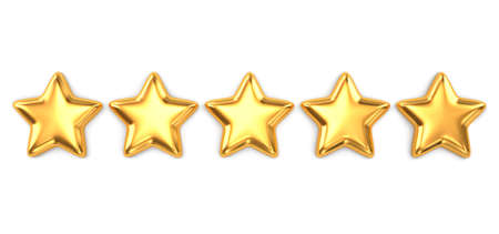 Gold five star quality rating isolated on white. 3D rendering with clipping pathの写真素材