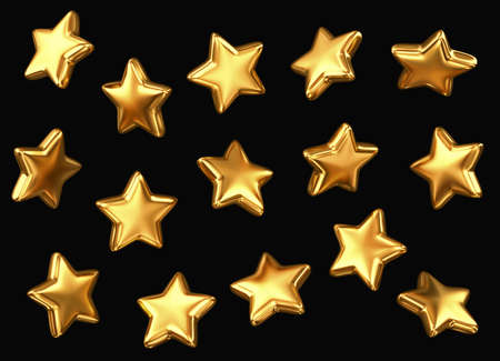 Set of gold stars isolated on black background. 3D renderingの写真素材