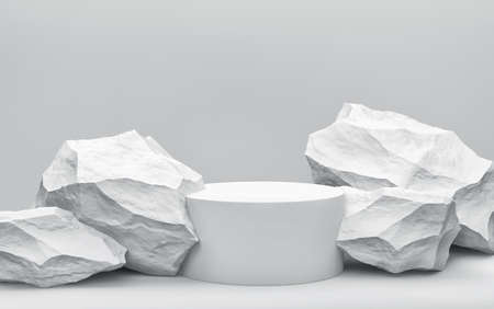 Podium, product stand with white stones. Minimal background for product presentation. 3D renderingの写真素材