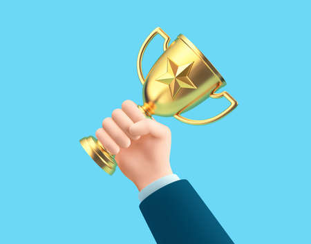 Hand holding golden trophy cup, award isolated on blue background. Success in business, successful education. 3D renderingの写真素材