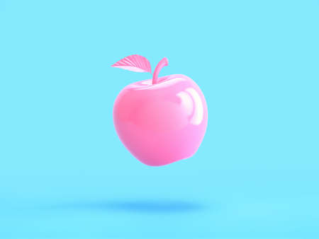 Glossy pink apple isolated on blue background. 3D renderingの写真素材