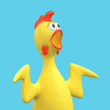 Screaming rubber chicken, surprised chicken, singing rooster isolated on blue background. 3D renderingの写真素材