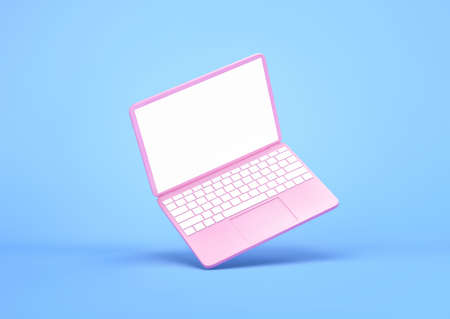 Purple laptop with blank screen flying on blue background. 3D renderingの写真素材