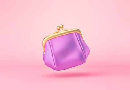 Purple coin purse, cosmetic bag on pink background. 3D rendering with clipping pathの写真素材