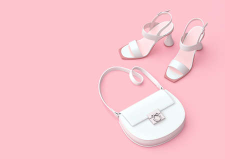Summer fashion concept. White women's bag and fashion shoes. 3D rendering with clipping pathの写真素材