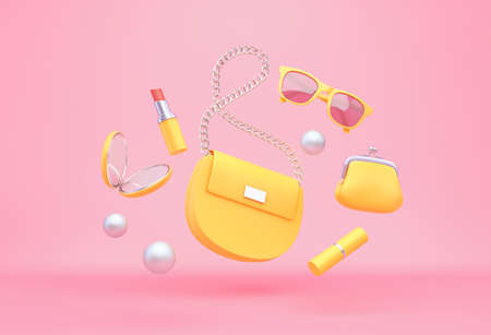 Yellow women's bag, purse, lipstick, mirror, sunglasses flying over pink background. Fashion concept. 3D renderingの写真素材