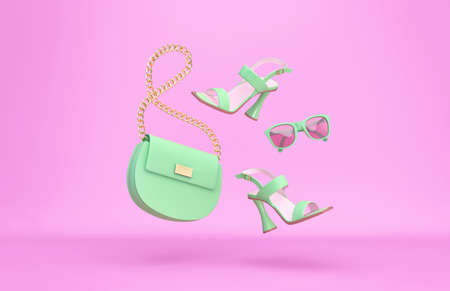 Green women's bag, high heels, sunglasses flying over violet background. Fashion concept. 3D renderingの写真素材