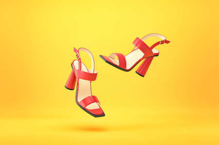 Women's summer red high heels shoes isolated on yellow background. 3D rendering with clipping pathの写真素材