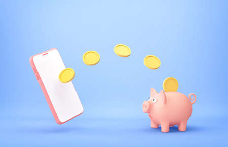 Money transfer to piggy bank. Earning money on internet, passive income concept. 3D renderingの写真素材