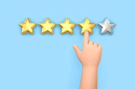 Cartoon hand showing on five stars rating on blue background. Customer experience concept. 3D...