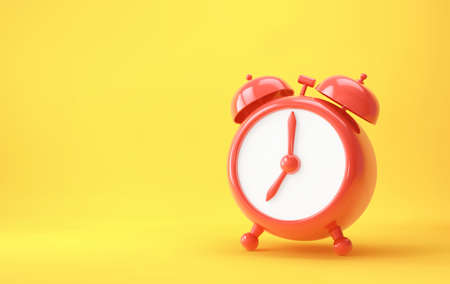 Wake up time. Red alarm clock on yellow background. 3D renderingの写真素材