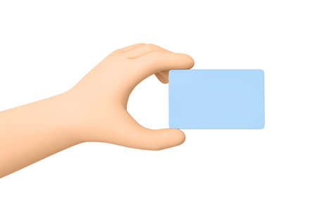 Cartoon hand holding blank blue business card, credit card isolated on white. 3D renderingの写真素材