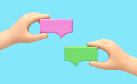 Cartoon hands holding a speech bubble isolated on blue background. Chatting and messaging concept. 3D renderingの写真素材
