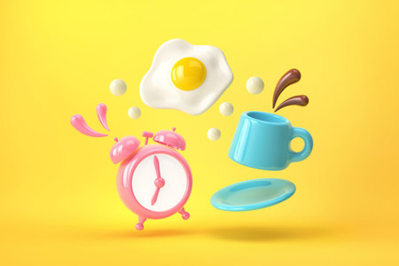 Breakfast time. Fried egg, cup of coffee, and alarm clock flying over yellow background. 3D renderingの写真素材