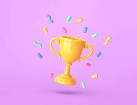 Cartoon winners trophy, champion cup with falling confetti on purple background. 3D renderingの写真素材