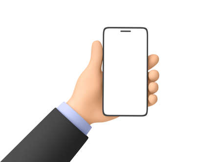 Cartoon hand of a business man holding smartphone isolated on white. 3D renderingの写真素材