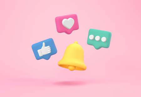 Yellow bell with social media notification on pastel pink background. 3D renderingの写真素材