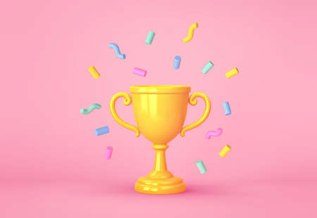 Cartoon winners trophy, champion cup with falling confetti on pink background. 3D renderingの写真素材