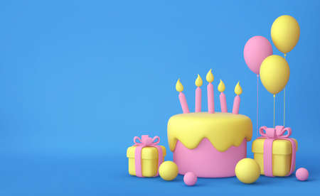 Cartoon cake with candles, balloons, gift boxes on blue background. 3D renderingの写真素材