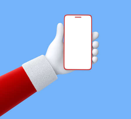 Santa Claus hand holding smartphone isolated on blue background. 3D renderingの写真素材
